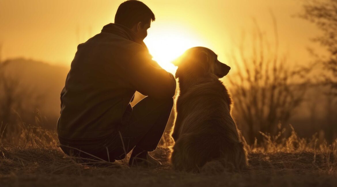 Persona acariciando a su perro al atardecer