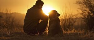 Persona acariciando a su perro al atardecer